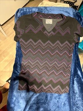 Butter-Soft Black V-Neck Tee with Purple Chevron Pattern